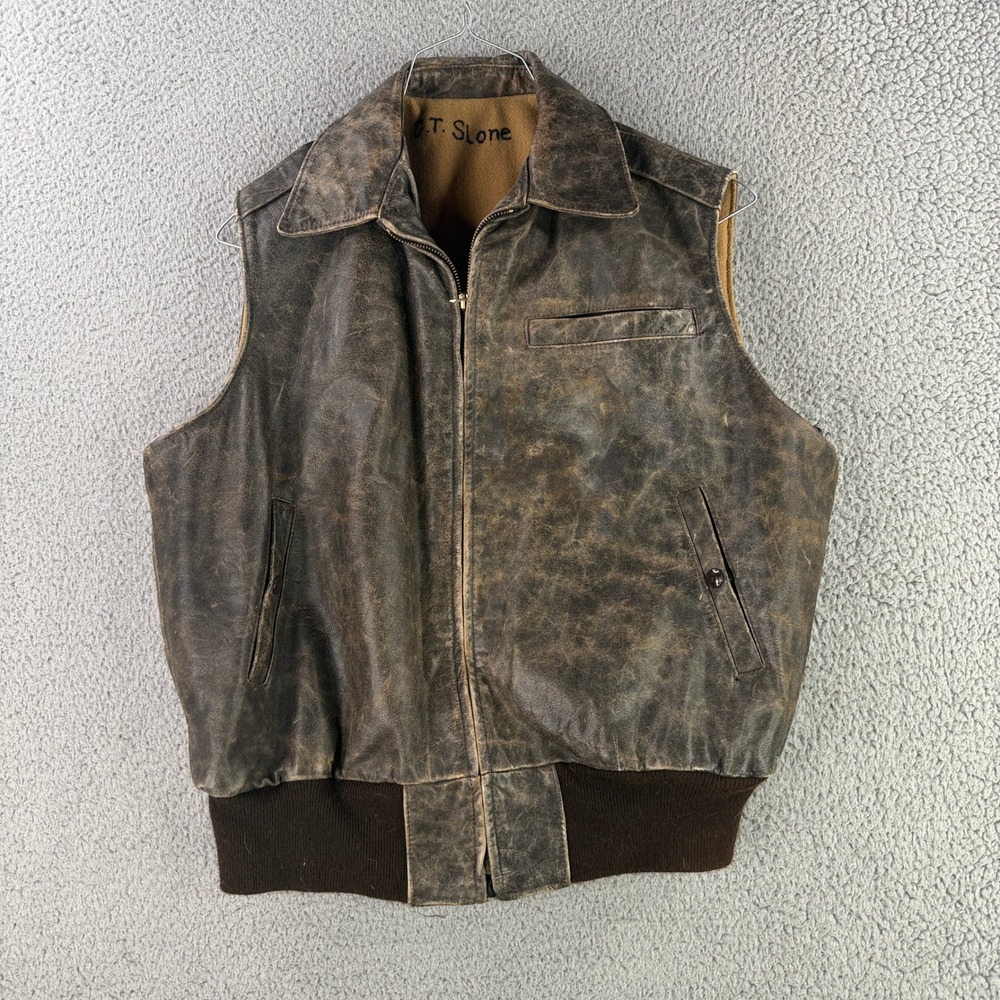 Golden Bear Leather Vest Men XL Brown Distressed Fleece Lined Bomber Workwear